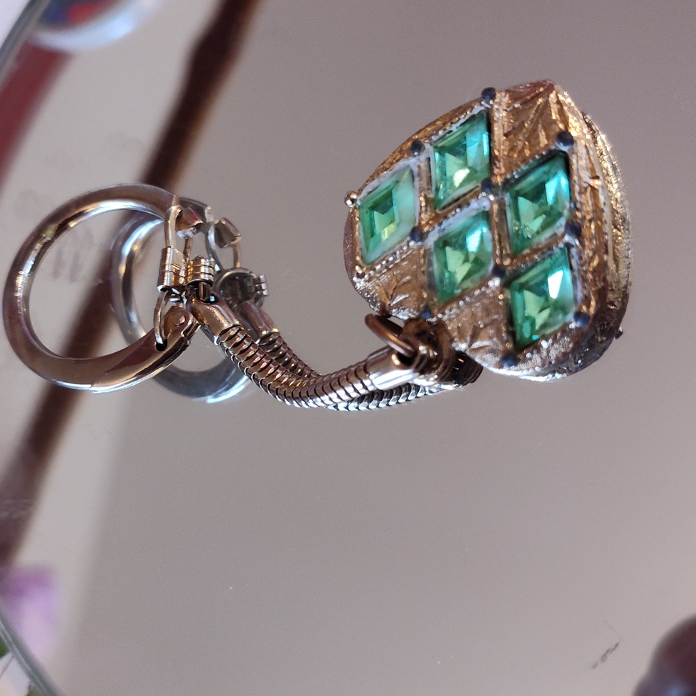 Gold Tone  Heart Keychain with Harelequin Aqua Blue  Gems Like Style Vintage - Picture 3 of 5